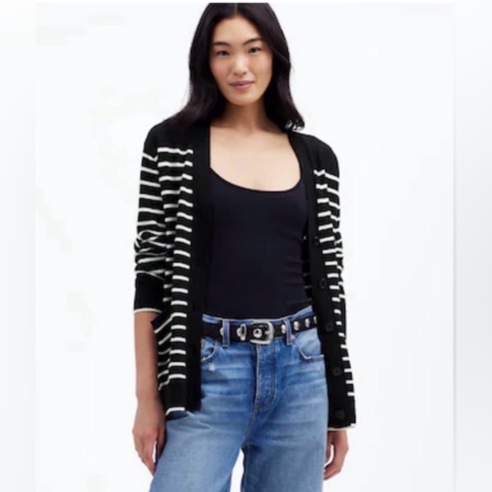 NWOT Madewell 100% Merino Wool Cardigan Sweater in Black & Ivory Stripe, Size M